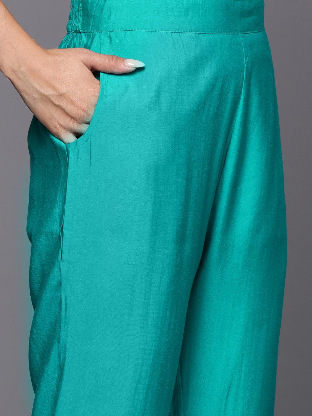 Green Yoke Design Silk Blend Straight Kurta With Trousers & Dupatta - ShopLibas