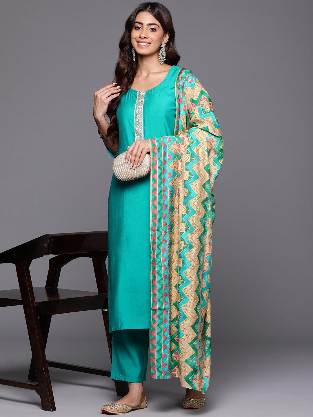 Green Yoke Design Silk Blend Straight Kurta With Trousers & Dupatta - ShopLibas