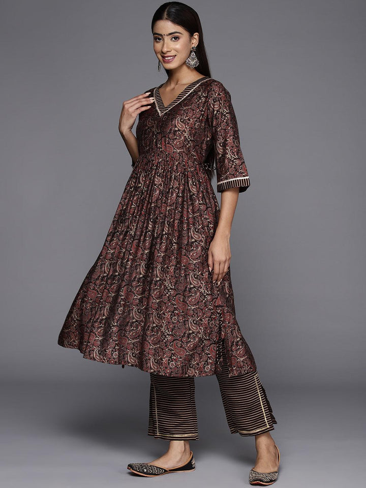 Brown Printed Silk Blend A-Line Kurta With Trousers & Dupatta