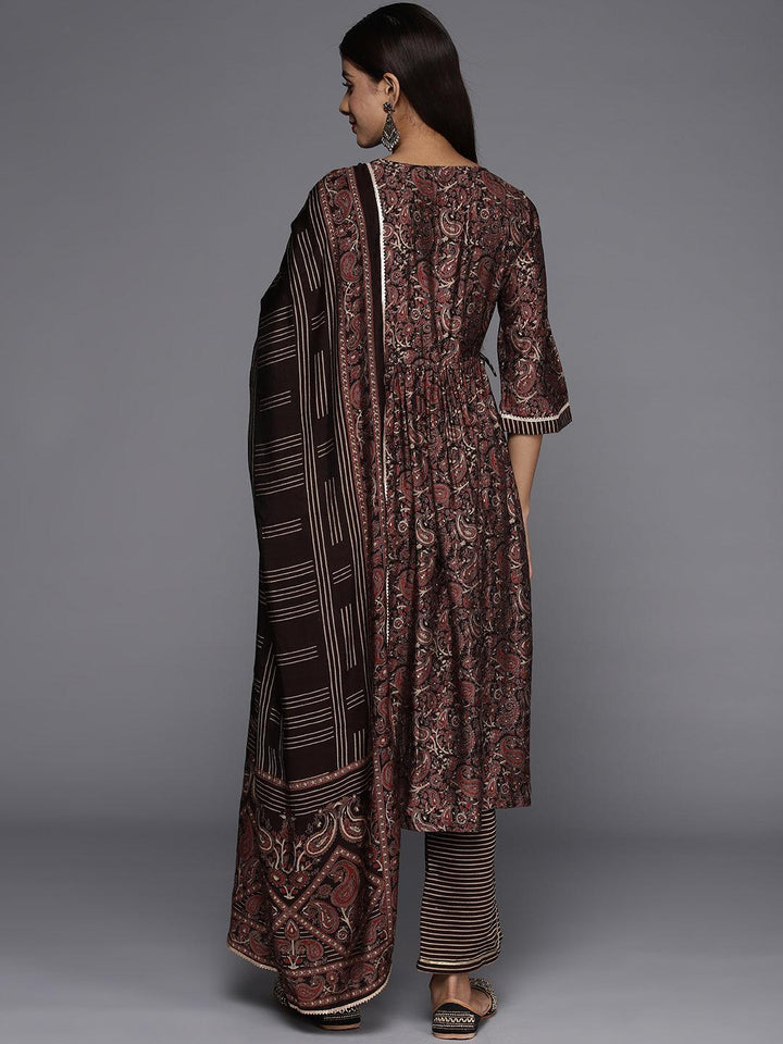 Brown Printed Silk Blend A-Line Kurta With Trousers & Dupatta