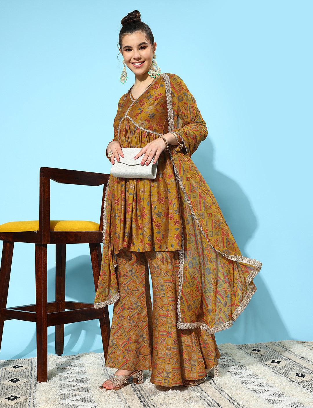 Mustard Printed Silk Blend A-Line Kurti With Sharara & Dupatta - ShopLibas