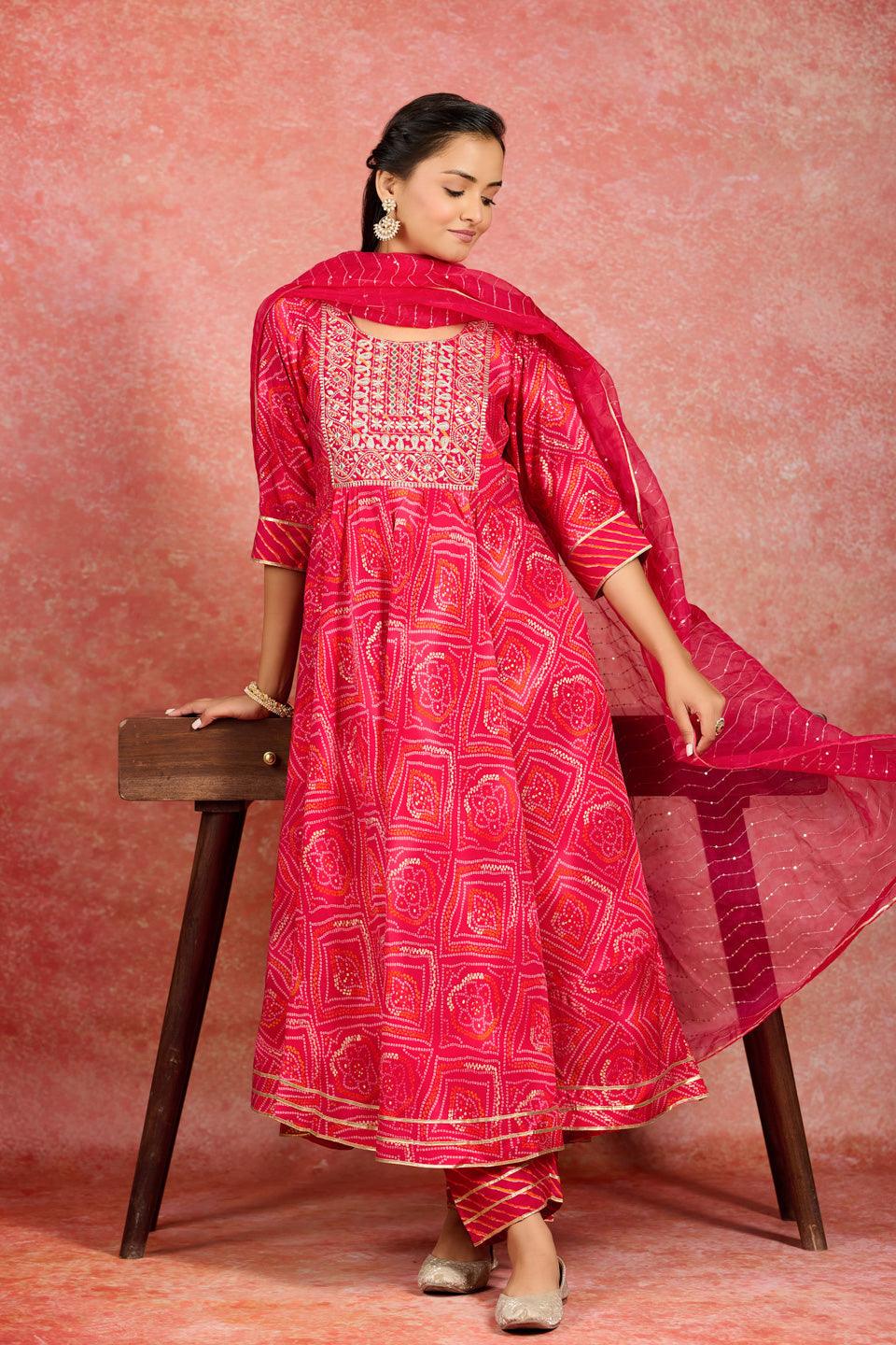 Pink Printed Silk Blend Anarkali Kurta With Trousers & Dupatta - ShopLibas
