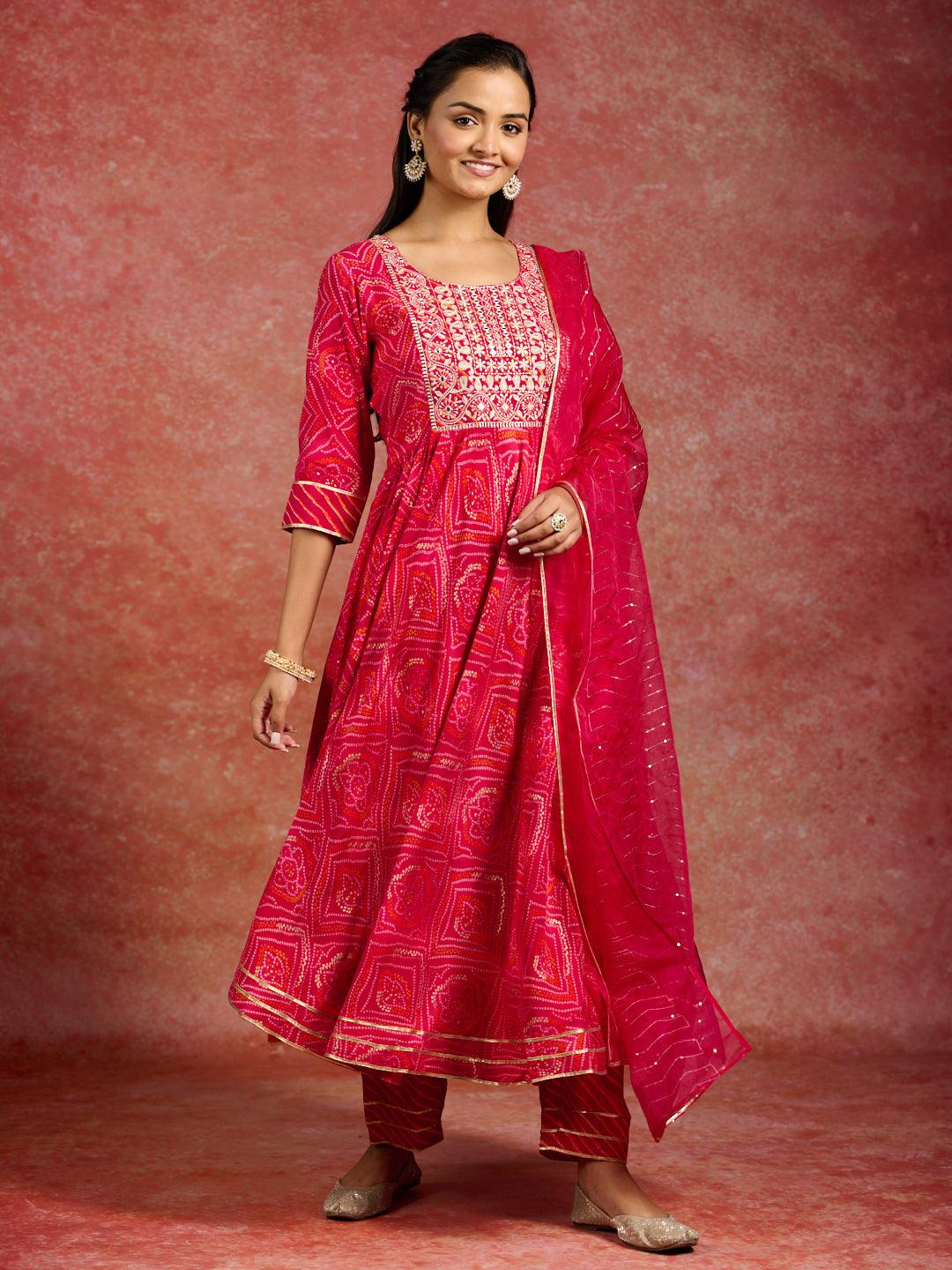 Pink Printed Silk Blend Anarkali Kurta With Trousers & Dupatta - ShopLibas