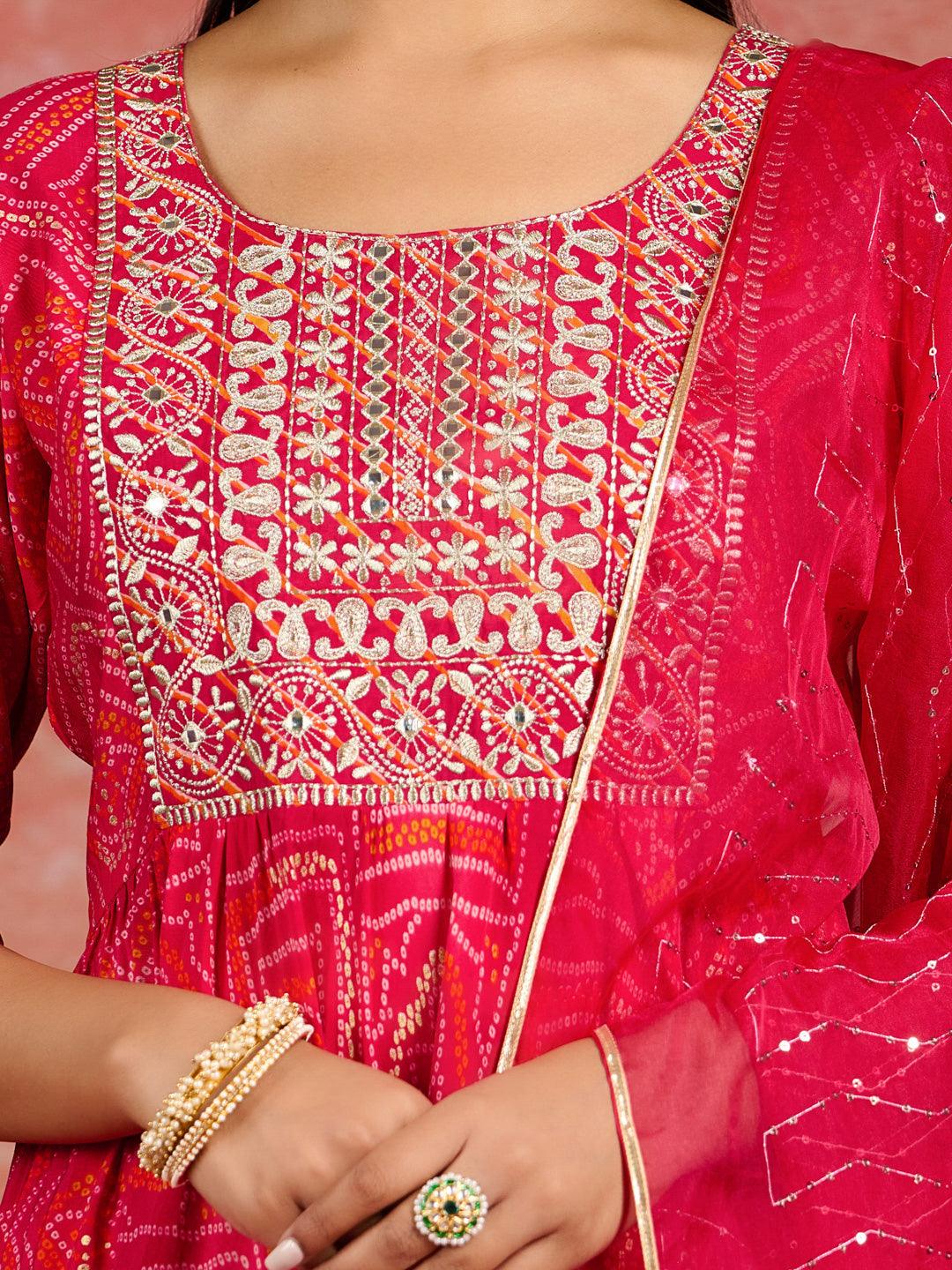 Pink Printed Silk Blend Anarkali Kurta With Trousers & Dupatta - ShopLibas