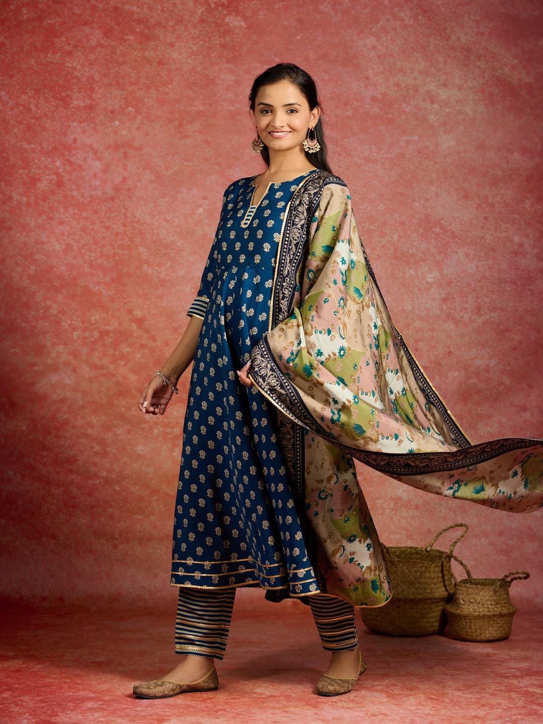 Blue Printed Silk Blend Anarkali Kurta With Trousers & Dupatta - ShopLibas
