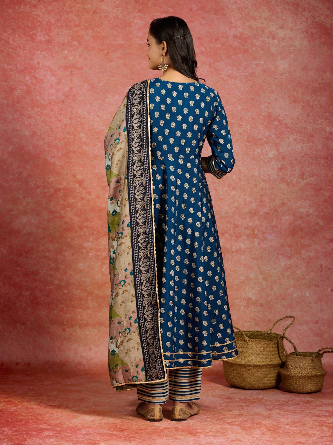 Blue Printed Silk Blend Anarkali Kurta With Trousers & Dupatta - ShopLibas