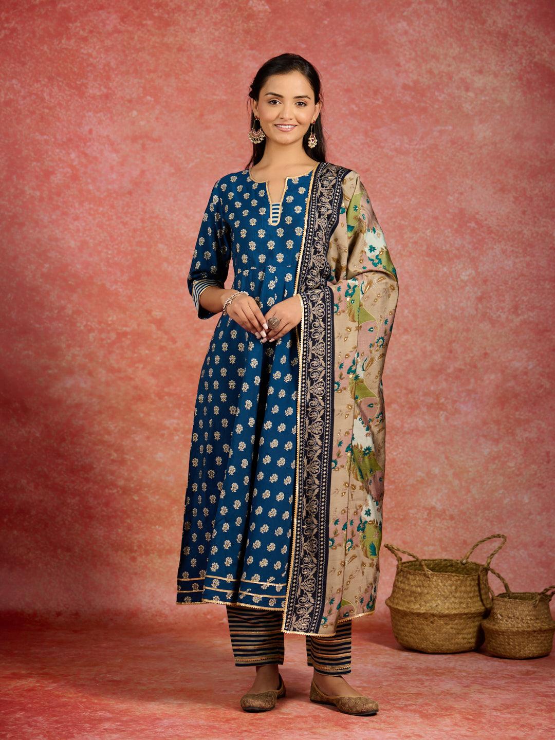 Blue Printed Silk Blend Anarkali Kurta With Trousers & Dupatta - ShopLibas