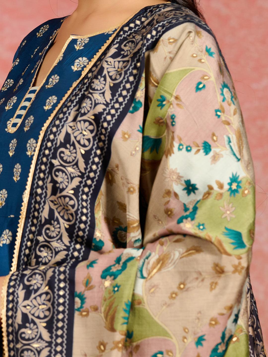 Blue Printed Silk Blend Anarkali Kurta With Trousers & Dupatta - ShopLibas