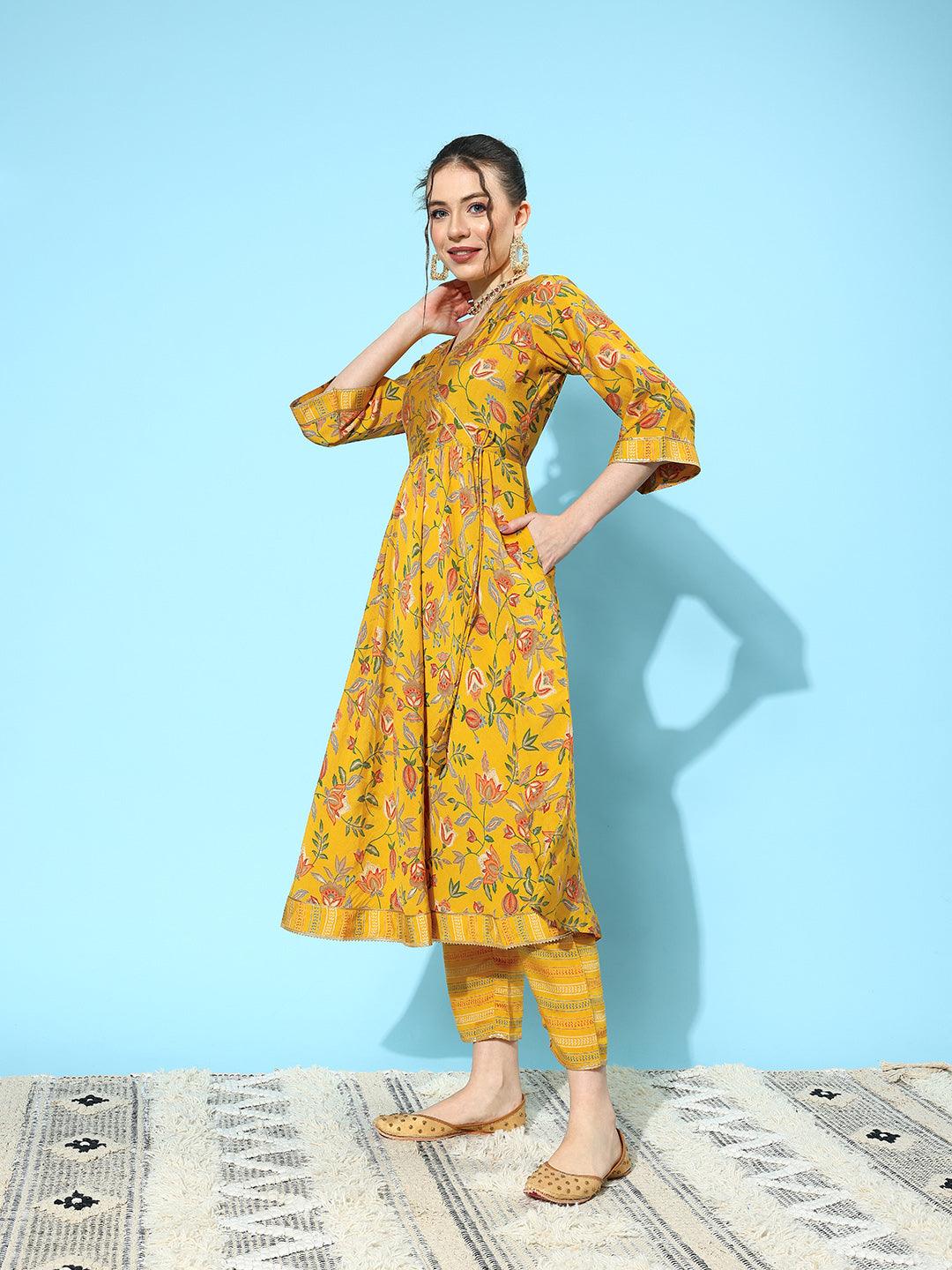 Yellow Printed Silk Blend Anarkali Kurta With Trousers & Dupatta - ShopLibas