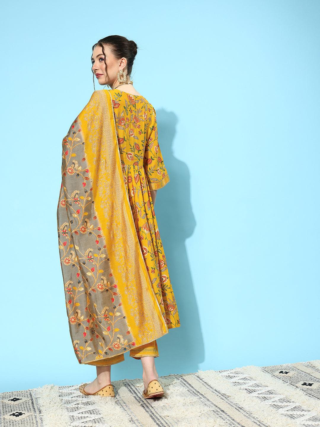 Yellow Printed Silk Blend Anarkali Kurta With Trousers & Dupatta - ShopLibas