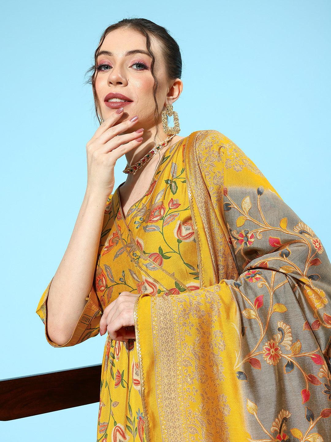 Yellow Printed Silk Blend Anarkali Kurta With Trousers & Dupatta - ShopLibas