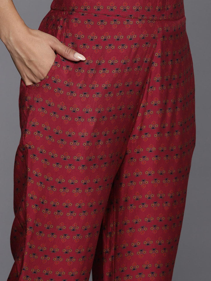 Red Printed Silk Blend Anarkali Suit With Dupatta