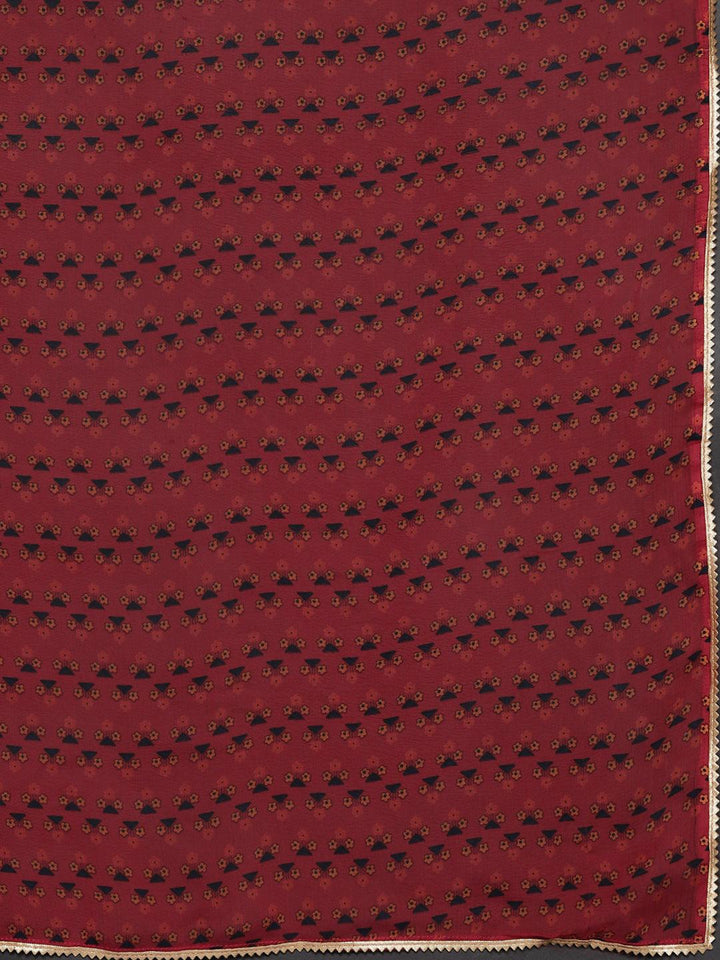 Red Printed Silk Blend Anarkali Suit With Dupatta
