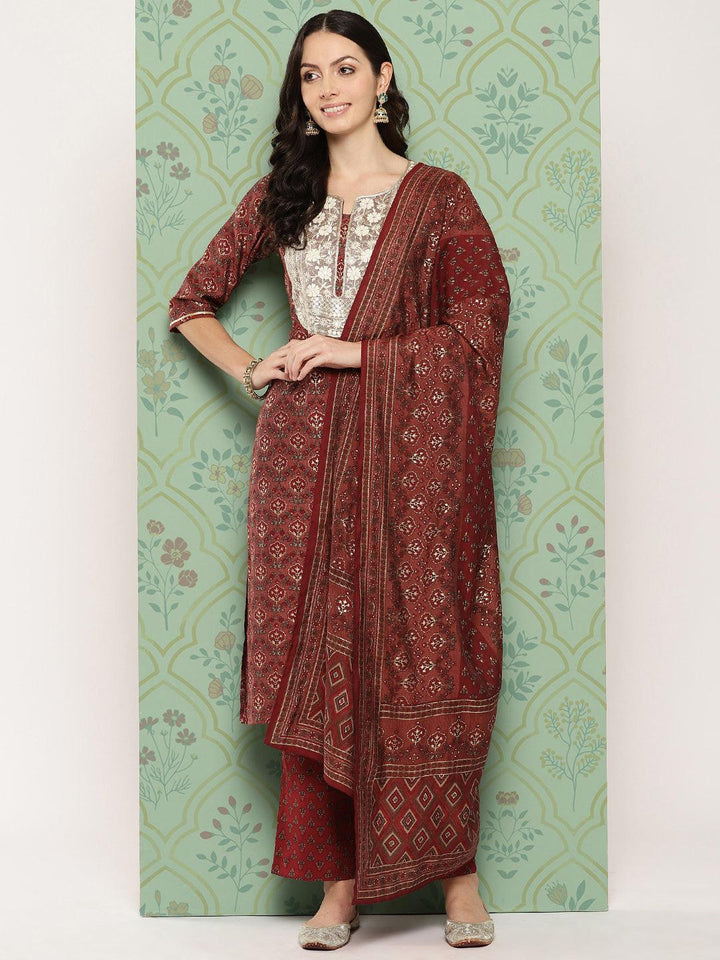 Maroon Printed Silk Blend Straight Suit With Dupatta