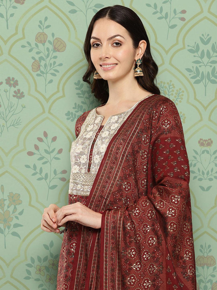 Maroon Printed Silk Blend Straight Suit With Dupatta