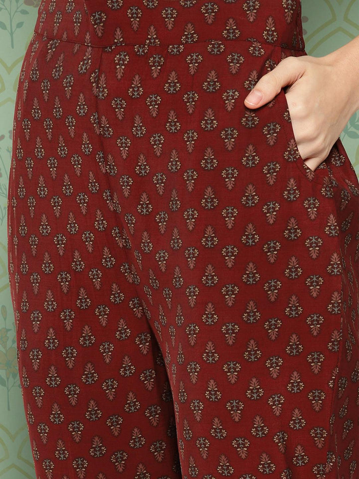 Maroon Printed Silk Blend Straight Suit With Dupatta