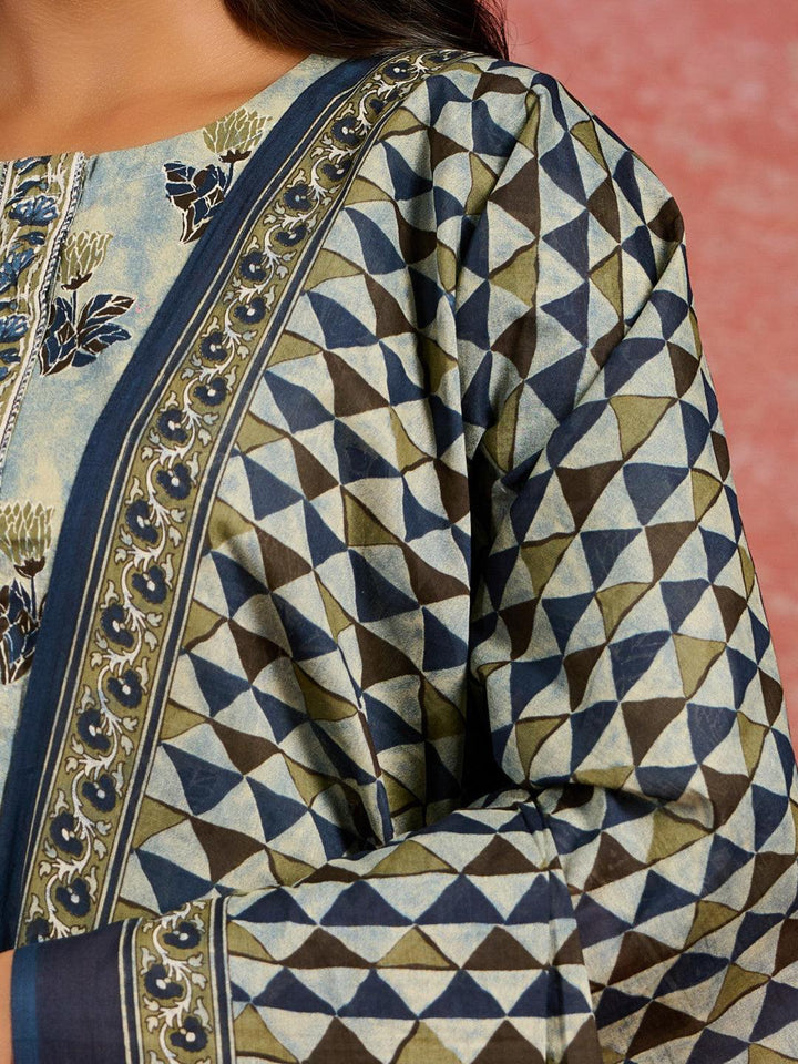 Grey Printed Cotton Straight Suit With Dupatta