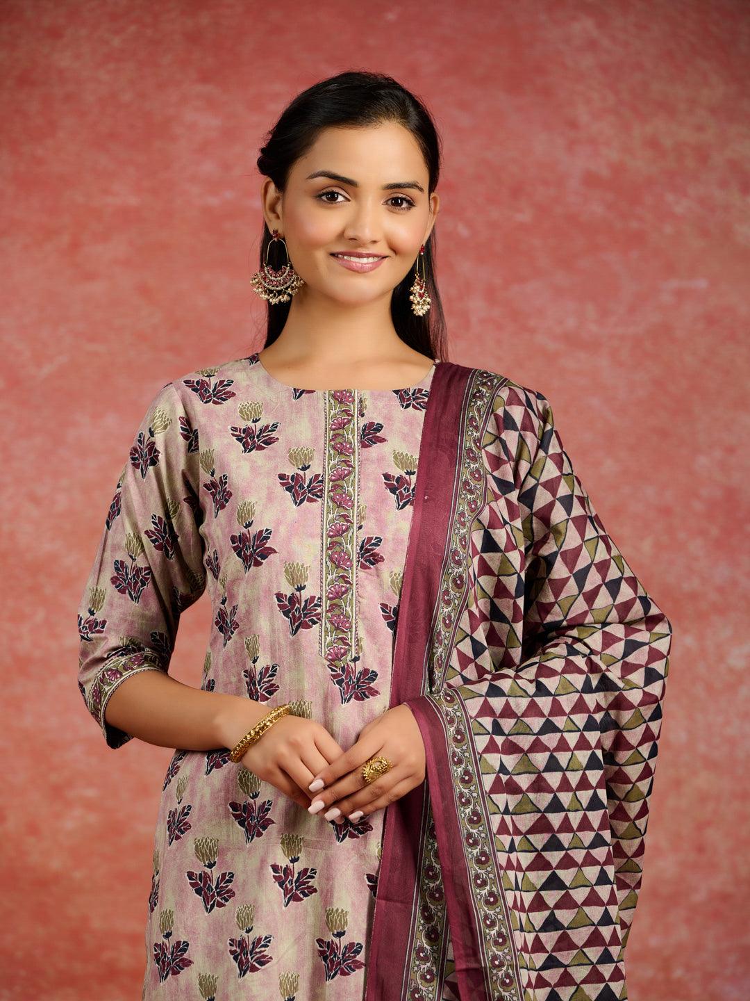 Pink Printed Cotton Straight Kurta With Salwar & Dupatta - ShopLibas