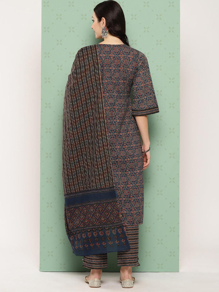Blue Printed Cotton Straight Suit With Dupatta