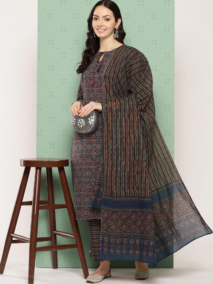 Blue Printed Cotton Straight Suit With Dupatta
