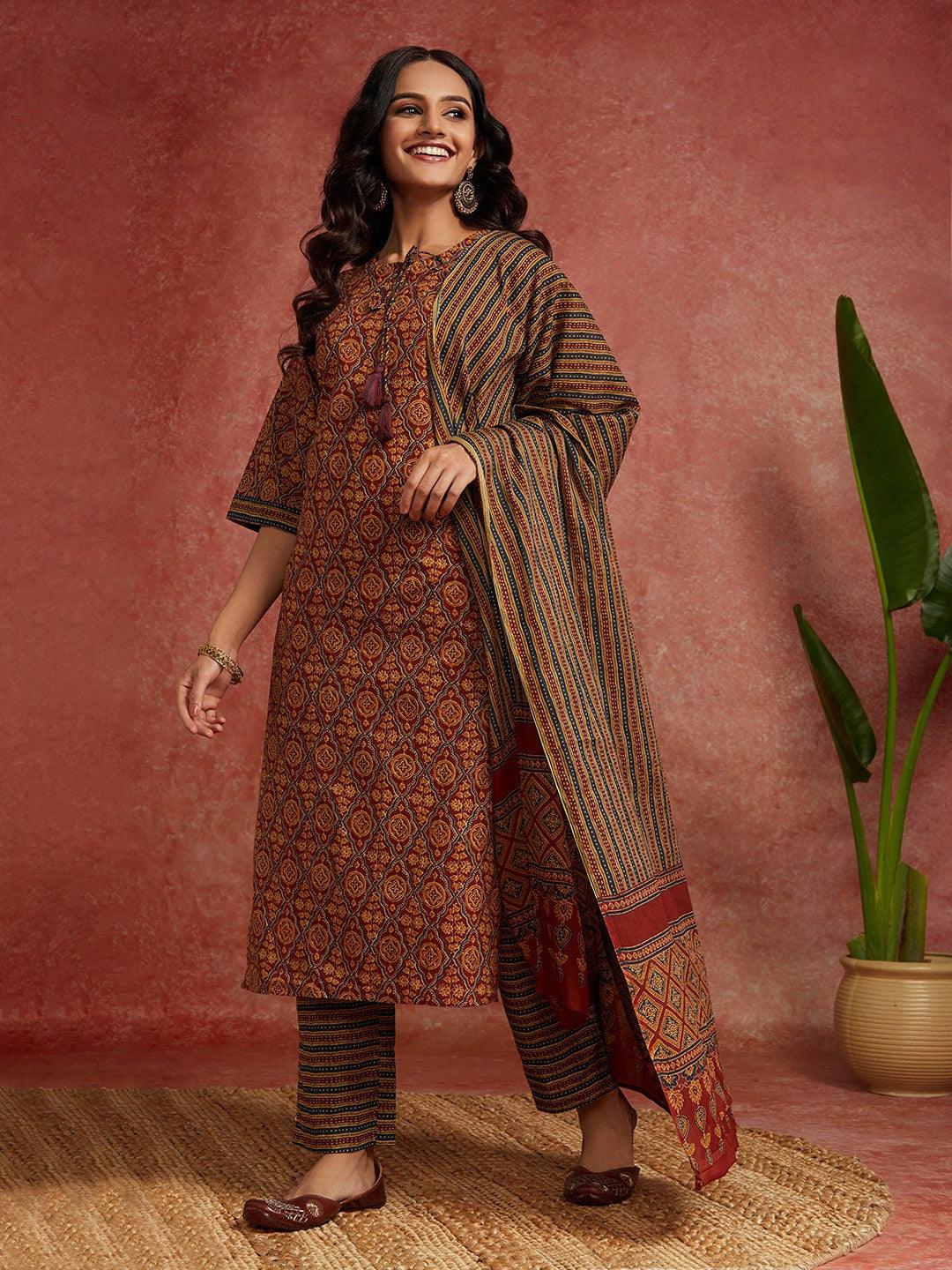 Maroon Printed Cotton Straight Kurta With Trousers & Dupatta - ShopLibas