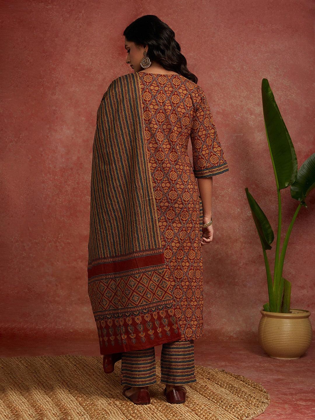 Maroon Printed Cotton Straight Kurta With Trousers & Dupatta - ShopLibas