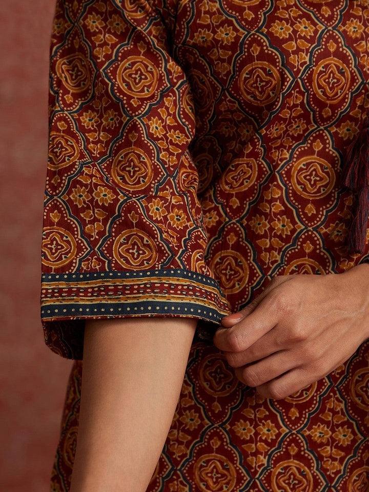 Maroon Printed Cotton Straight Suit With Dupatta