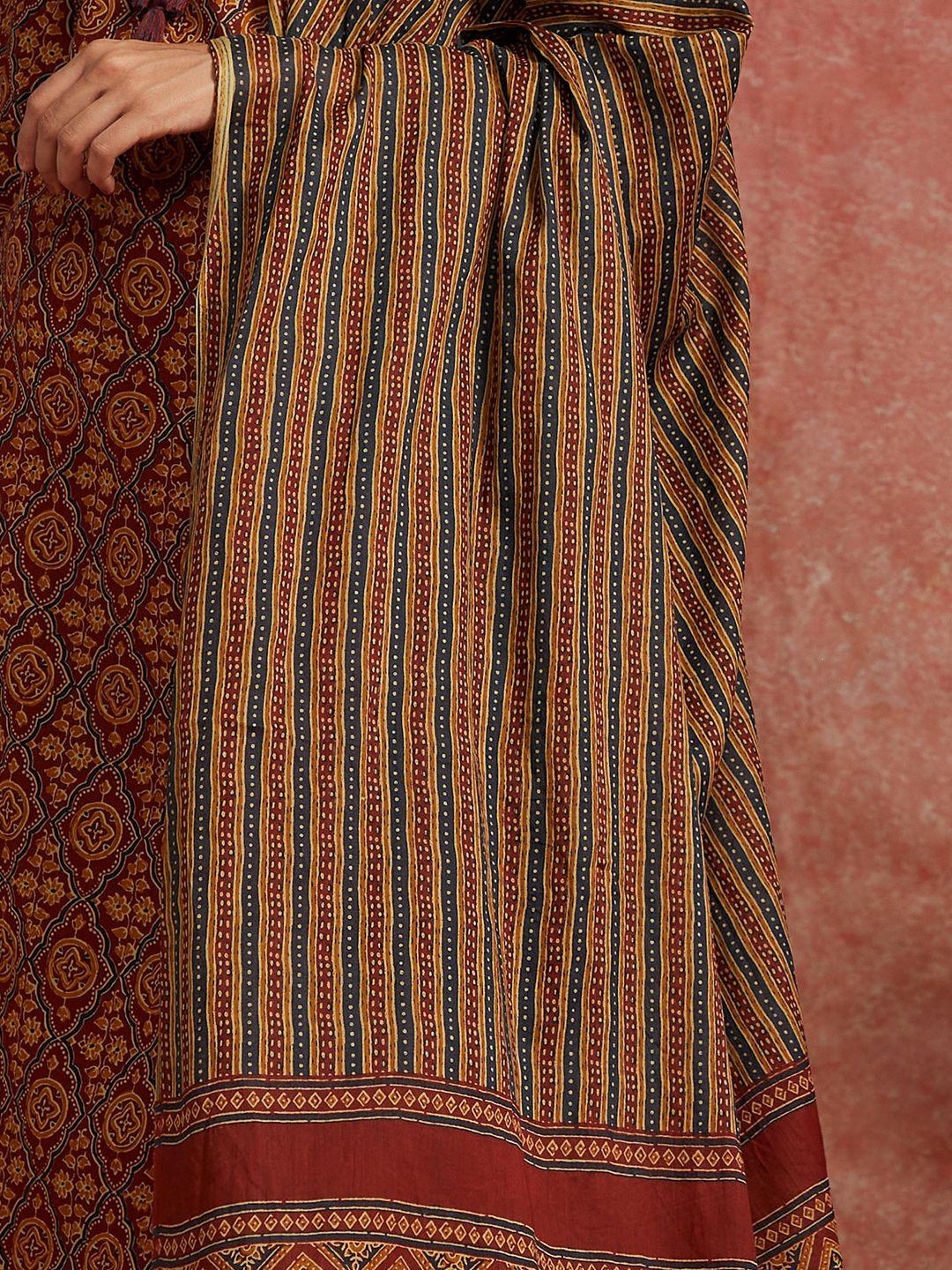 Maroon Printed Cotton Straight Kurta With Trousers & Dupatta - ShopLibas