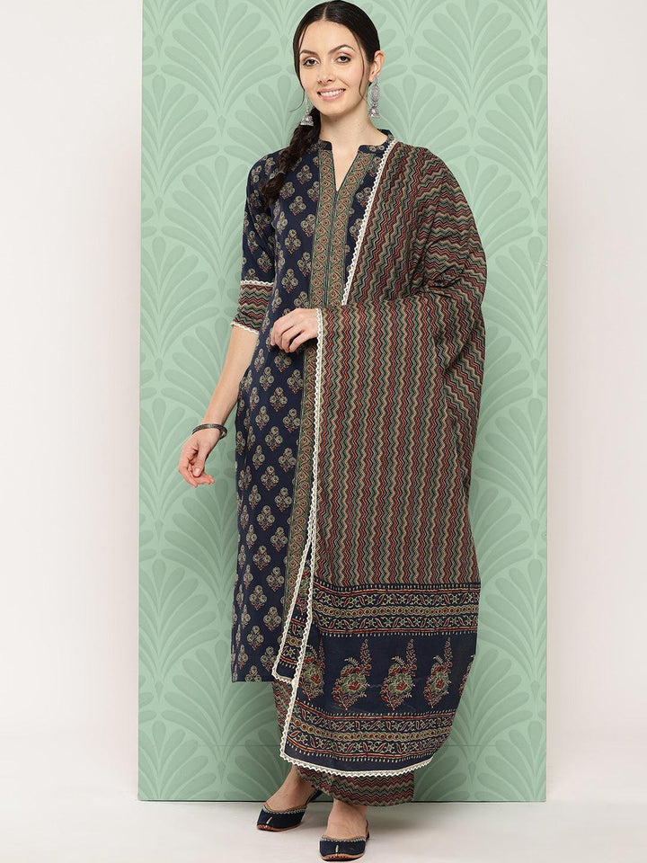 Blue Printed Cotton Straight Suit With Dupatta