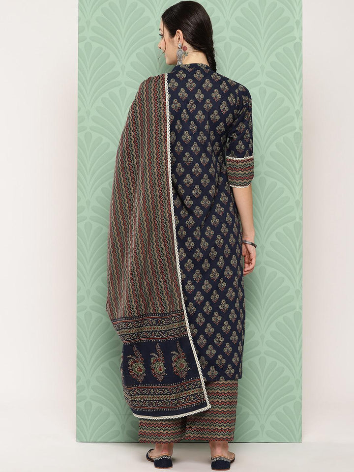 Blue Printed Cotton Straight Suit With Dupatta