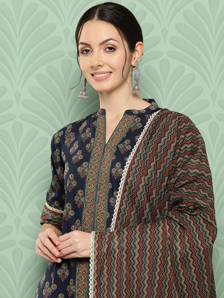 Blue Printed Cotton Straight Suit With Dupatta