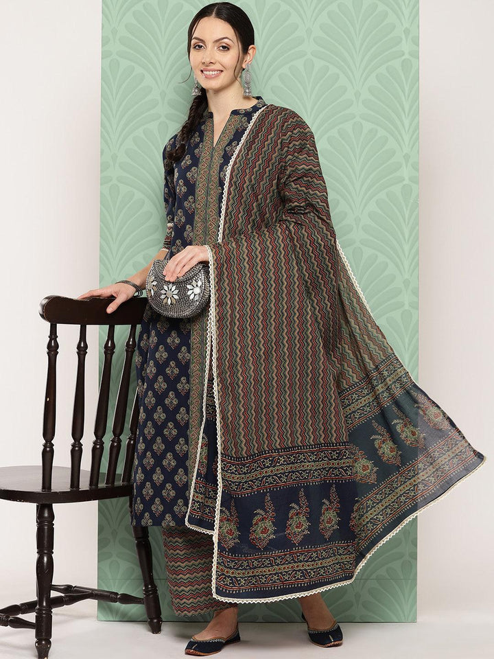 Blue Printed Cotton Straight Suit With Dupatta