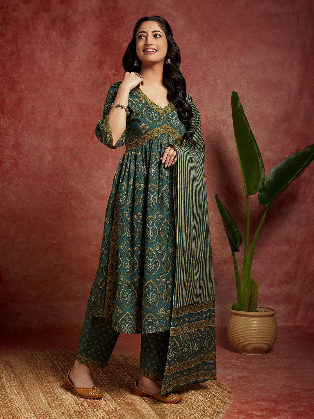 Green Printed Cotton A-Line Kurta With Trousers & Dupatta - ShopLibas