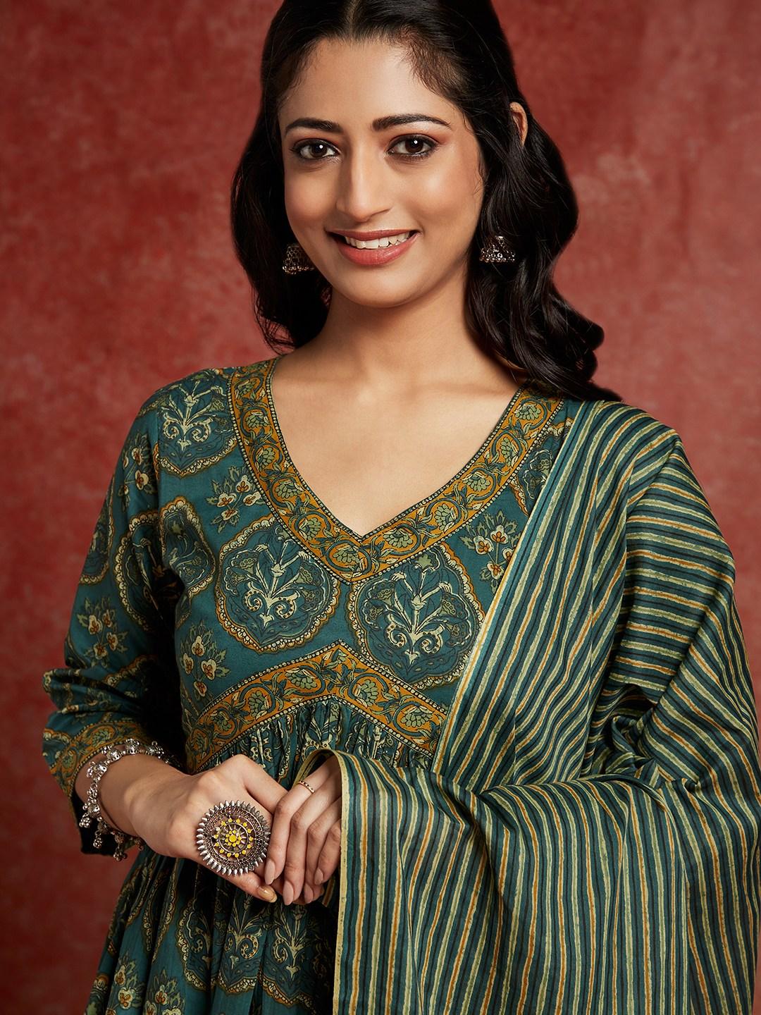 Green Printed Cotton A-Line Kurta With Trousers & Dupatta - ShopLibas