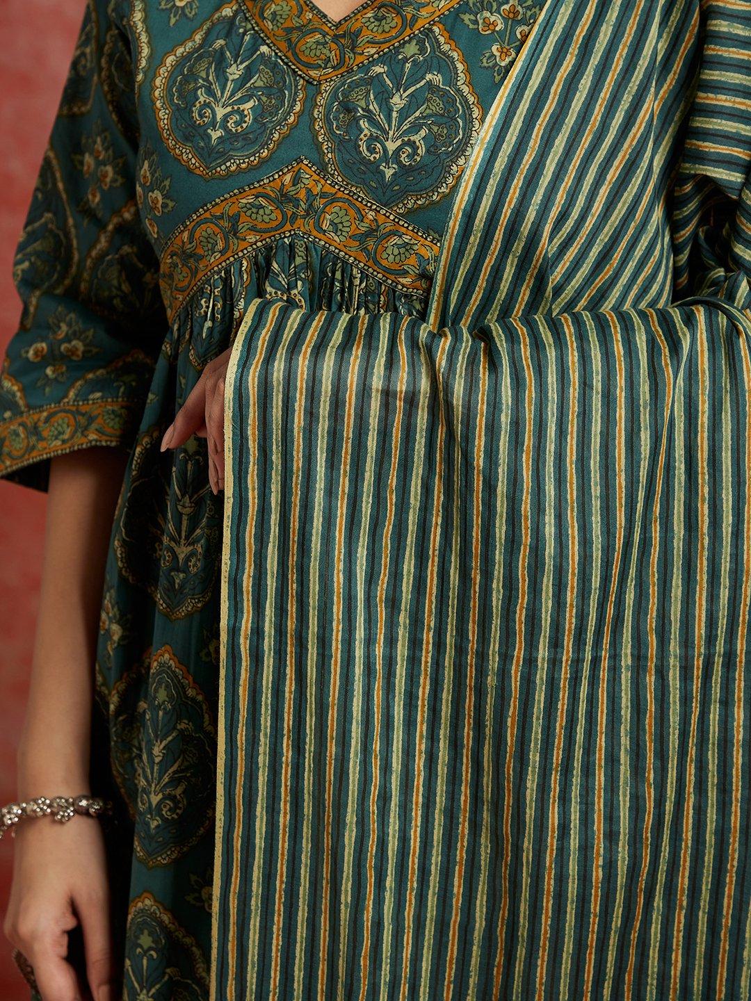 Green Printed Cotton A-Line Kurta With Trousers & Dupatta - ShopLibas