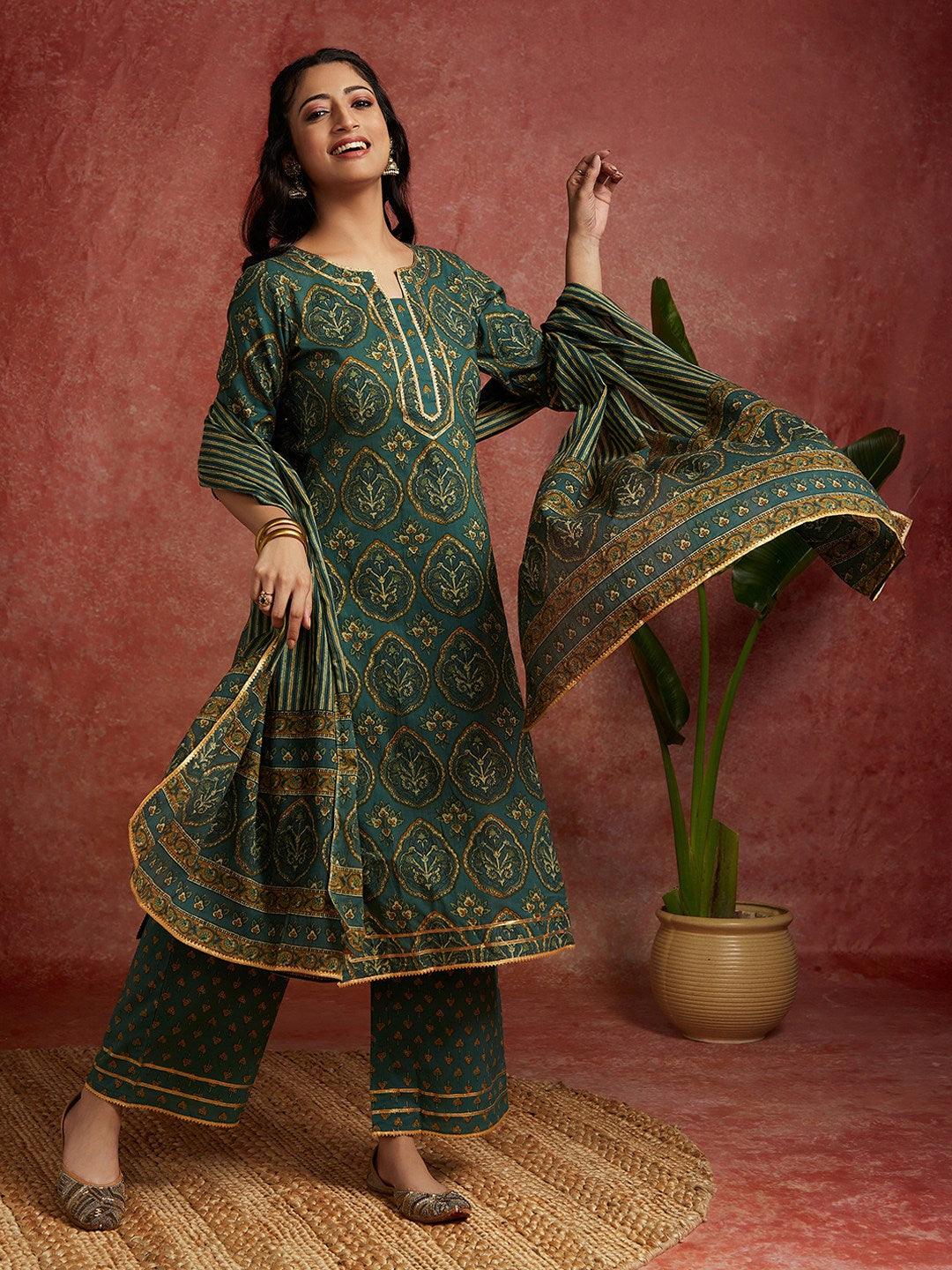 Green Printed Cotton Straight Kurta With Palazzos & Dupatta - ShopLibas