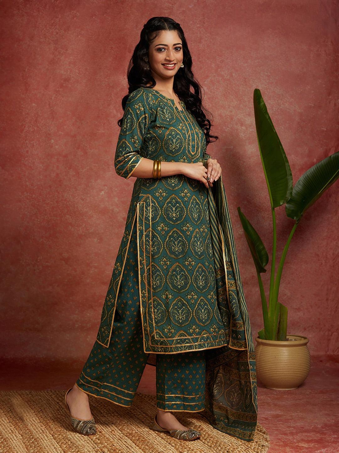 Green Printed Cotton Straight Kurta With Palazzos & Dupatta - ShopLibas