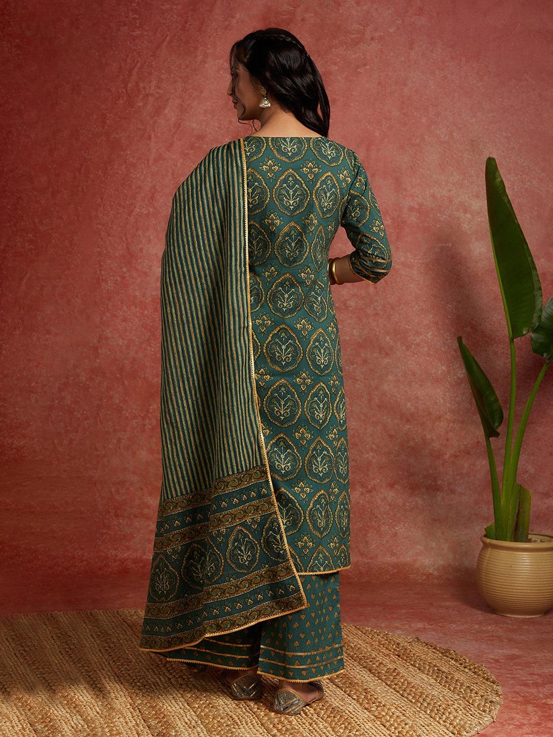 Green Printed Cotton Straight Kurta With Palazzos & Dupatta - ShopLibas