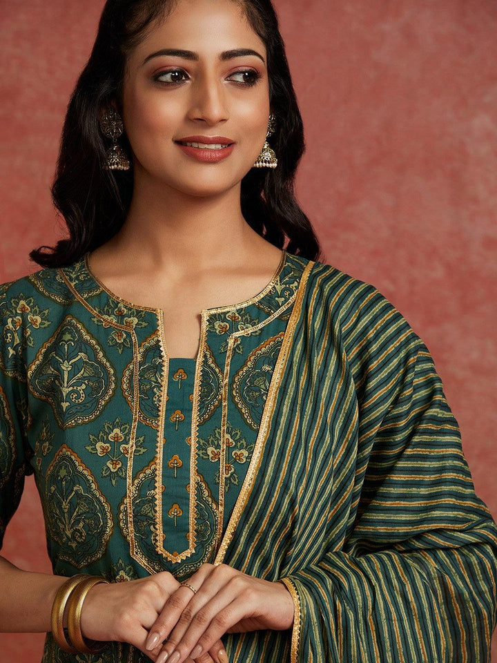 Green Printed Cotton Straight Suit With Dupatta