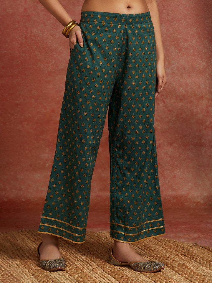 Green Printed Cotton Straight Suit With Dupatta