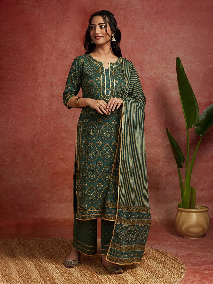 Green Printed Cotton Straight Suit With Dupatta