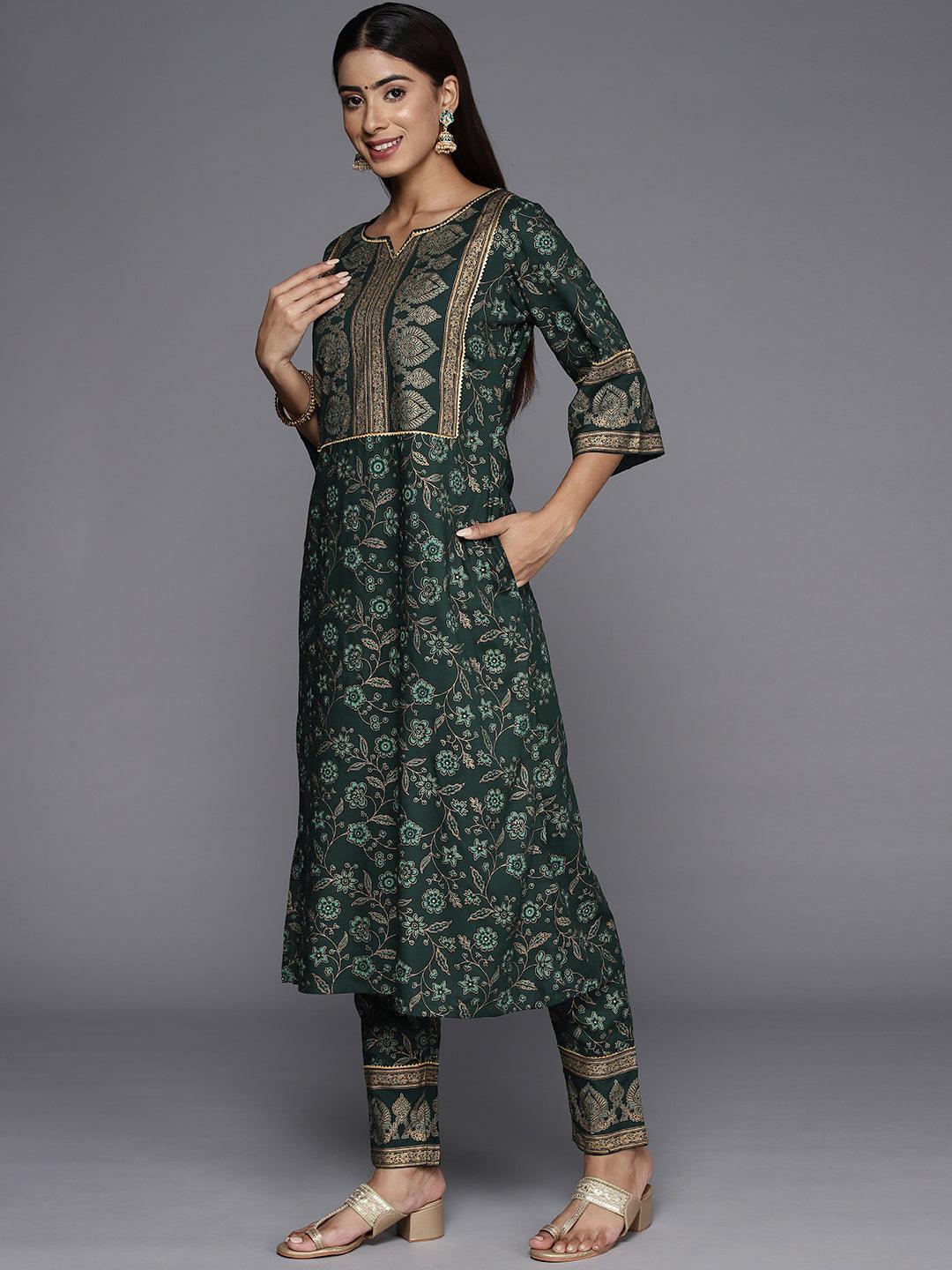 Green Printed Rayon A-Line Kurta - ShopLibas