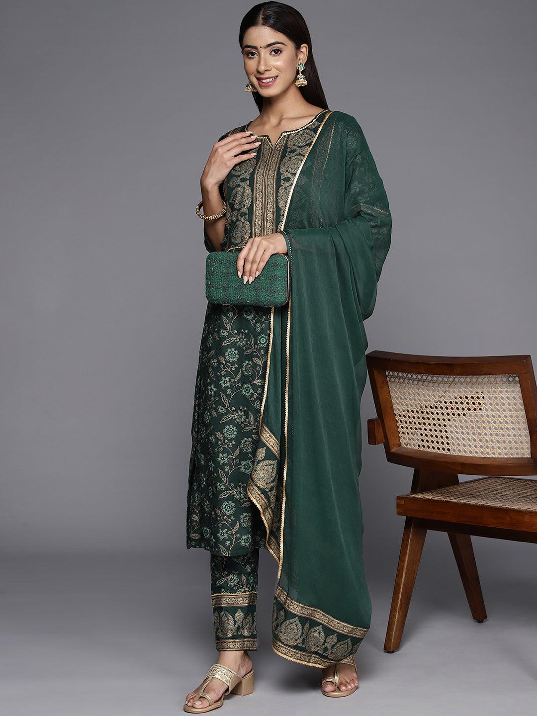 Green Printed Rayon A-Line Kurta - ShopLibas