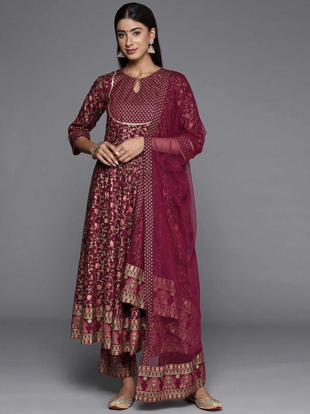 Maroon Printed Rayon Anarkali Kurta - ShopLibas