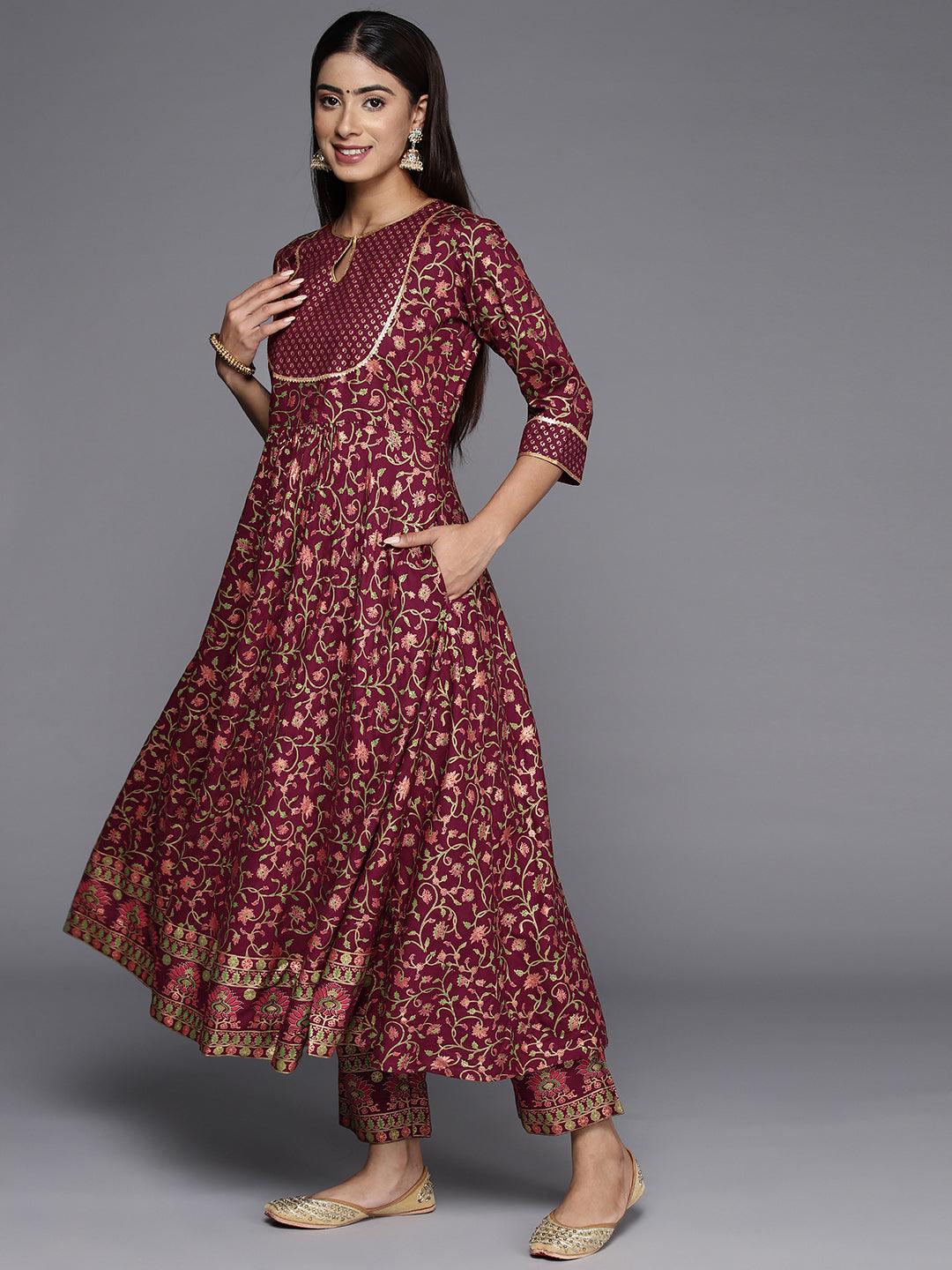 Maroon Printed Rayon Anarkali Kurta - ShopLibas