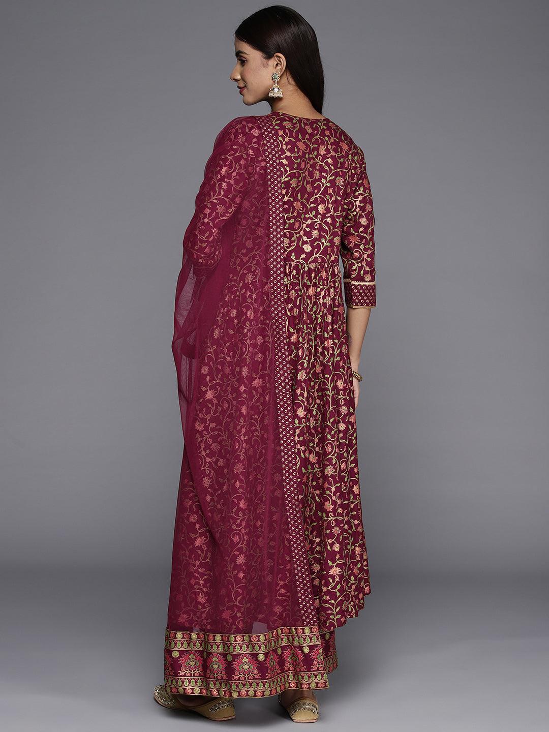 Maroon Printed Rayon Anarkali Kurta - ShopLibas