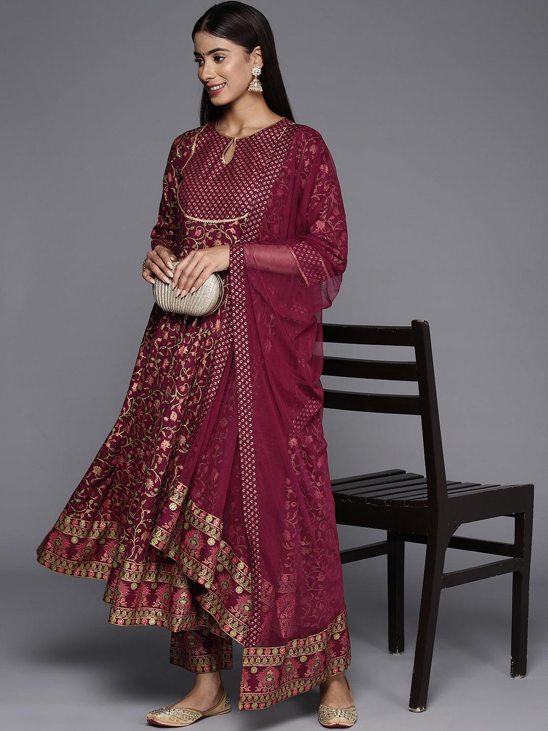 Maroon Printed Rayon Anarkali Kurta - ShopLibas