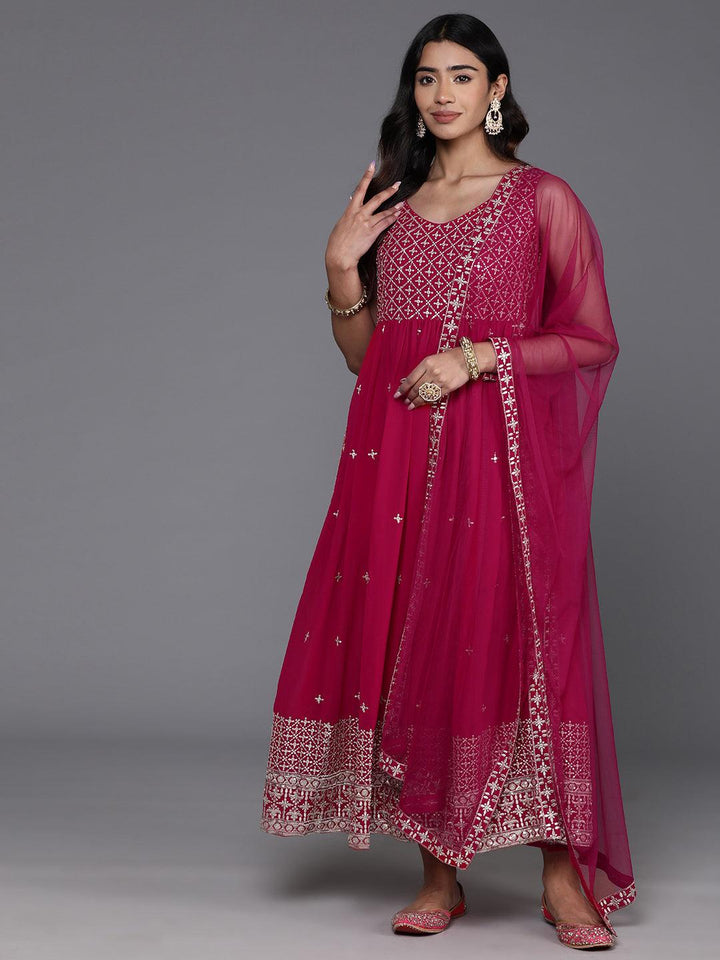Pink Embroidered Georgette A-Line Kurta With Trousers & Dupatta