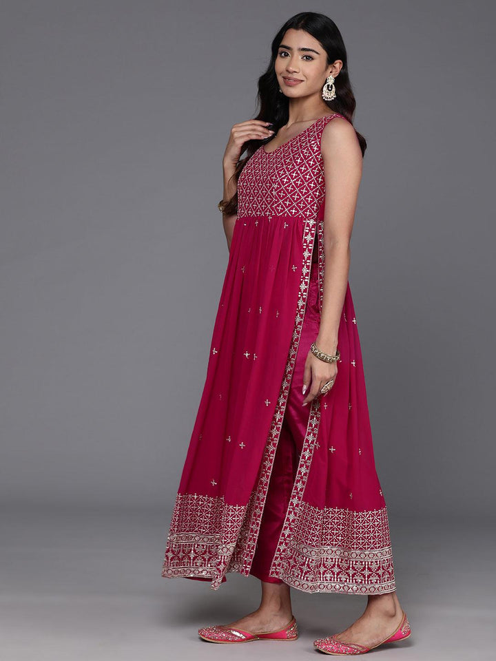 Pink Embroidered Georgette A-Line Kurta With Trousers & Dupatta