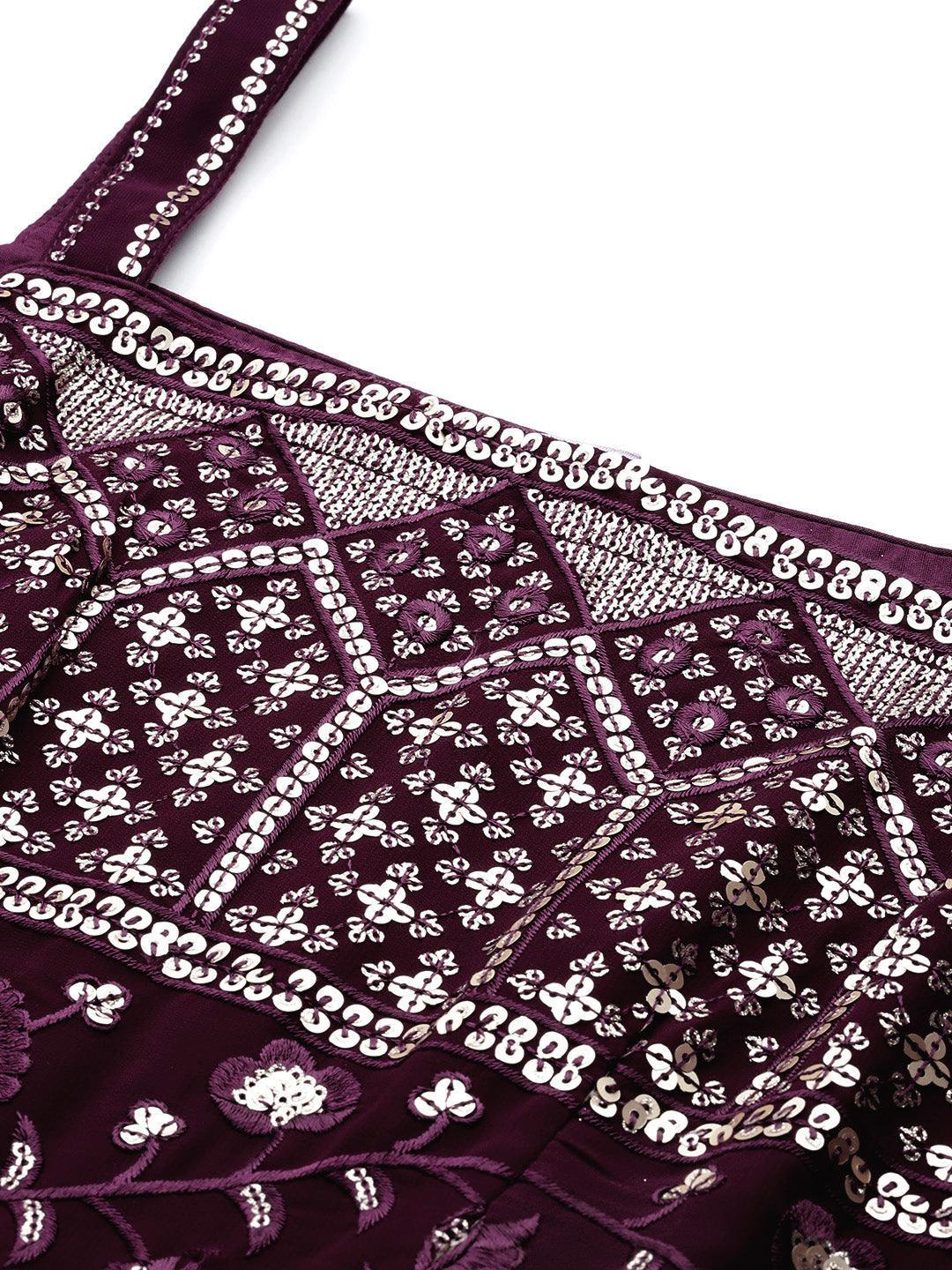 Wine Embroidered Georgette A-Line Kurti With Palazzos & Dupatta - ShopLibas